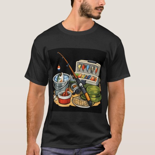 釣り道具と新鮮な魚 Tシャツ (正面)