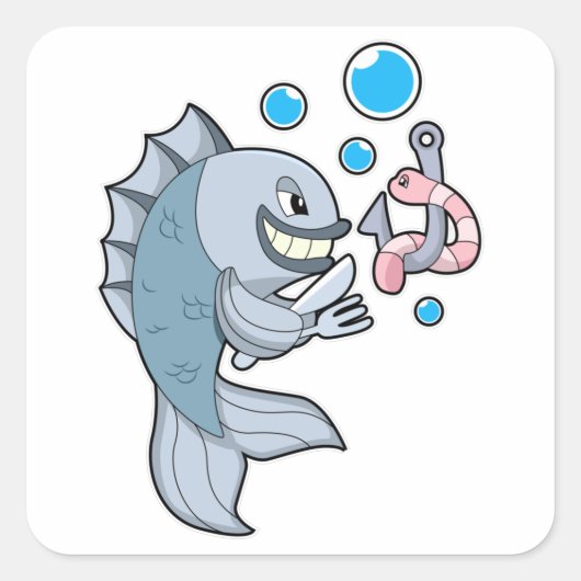 釣り針とワーム付き魚 スクエアシール (正面)