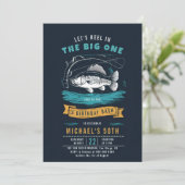 釣り フィッシュ リール ブルー ネイビー メンズ 50歳 誕生日 招待状 (スタンド正面)