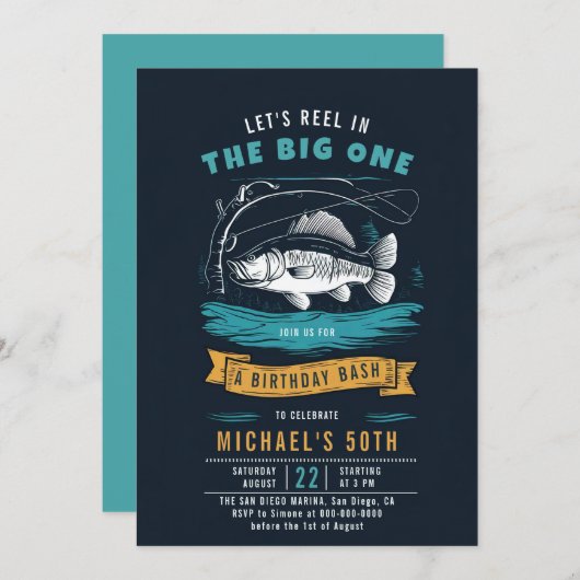 釣り フィッシュ リール ブルー ネイビー メンズ 50歳 誕生日 招待状 (正面/裏面)