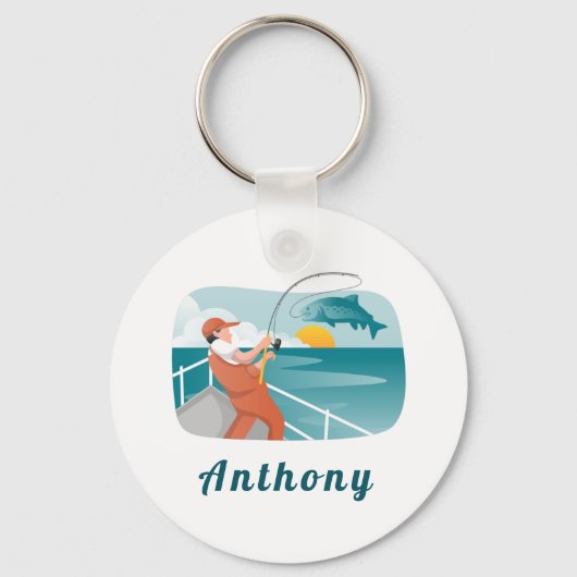 釣モダンり人イラストレーション魚釣り恋人の名前 キーホルダー (正面)