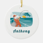 釣モダンり人イラストレーション魚釣り恋人の名前 セラミックオーナメント (正面)