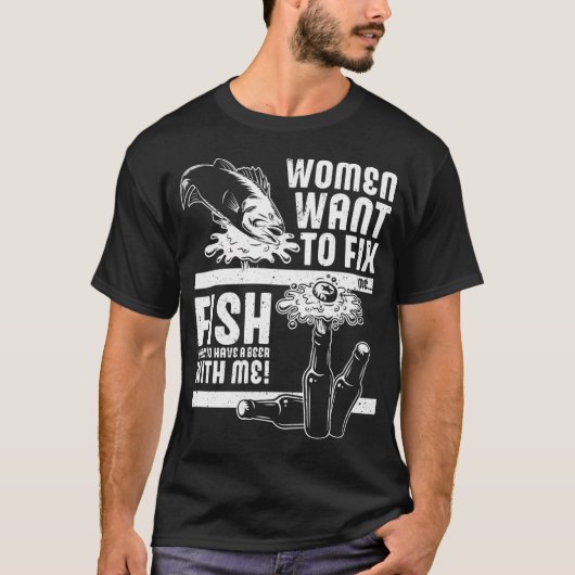 釣竿を持つ漁師のサメ Tシャツ (正面)