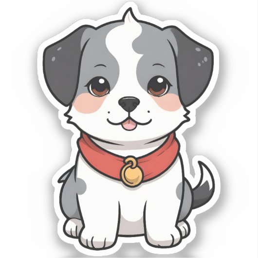 鈴がついた可愛らしいアニメの子犬 シール (正面)