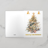 鈴が鳴る水色のクリスマスツリー。 箔グリーティングカード (外側レイダウン)