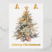 鈴が鳴る水色のクリスマスツリー。 箔シーズンポストカード (正面)