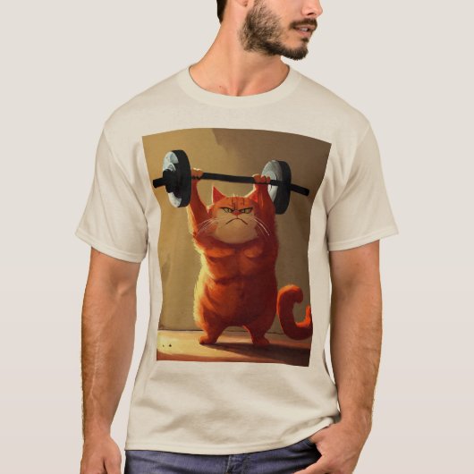 鉄の意志：重量を持ち上げる努力する赤い猫 Tシャツ (正面)