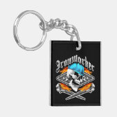 鉄工のスカルおよび燃えるようなレンチ キーホルダー (正面左)