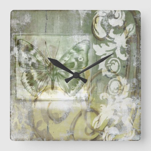 鉄工ゲート付き緑の蝶インセット スクエア壁時計 (正面)