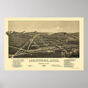 鉄木、MIのパノラマ式の地図- 1886年 ポスター