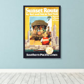 鉄道と海による日没ルートの旅行ポスター キャンバスプリント (インサイチュ (ウッドフロア))