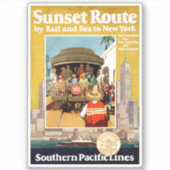 鉄道と海による日没ルートの旅行ポスター シール (正面)