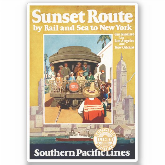 鉄道と海による日没ルートの旅行ポスター シール (正面)