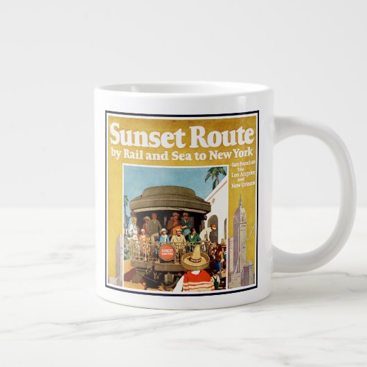 鉄道と海による日没ルートの旅行ポスター ジャンボコーヒーマグカップ (右)