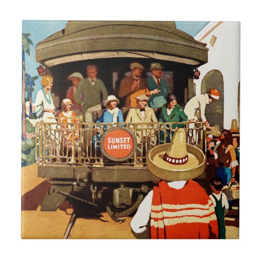 鉄道と海による日没ルートの旅行ポスター タイル (正面)