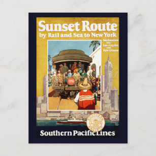 鉄道と海による日没ルートの旅行ポスター ポストカード