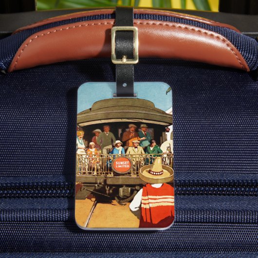鉄道と海による日没ルートの旅行ポスター ラゲッジタグ (正面インサイチュ2)