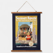 鉄道と海による日没ルートの旅行ポスター 吊り下げ型タペストリー (正面)