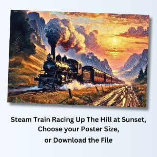 鉄道の夕日に丘を駆け上る蒸気機関車 ポスター