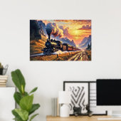 鉄道の夕日に丘を駆け上る蒸気機関車 ポスター (ホームオフィス)