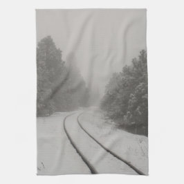 鉄道トラックウィンターフォグフォト キッチンタオル