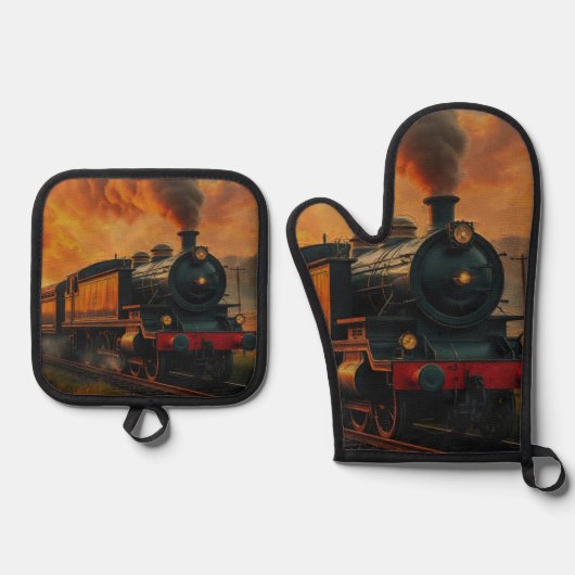 鉄道ビクトリアン旅行 – スチームパンク蒸気列車 鍋つかみ&鍋敷きセット (正面)