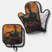 鉄道ビクトリアン旅行 – スチームパンク蒸気列車 鍋つかみ&鍋敷きセット (正面/裏面)