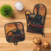 鉄道ビクトリアン旅行 – スチームパンク蒸気列車 鍋つかみ&鍋敷きセット (トップダウン)