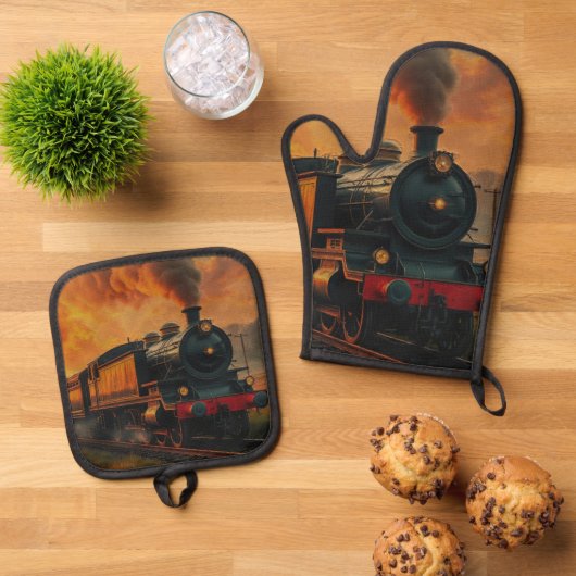 鉄道ビクトリアン旅行 – スチームパンク蒸気列車 鍋つかみ&鍋敷きセット (トップダウン)