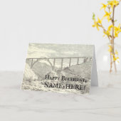 鉄道橋に乗る列車、ヴィンテージルック誕生日 カード (黄色い花)