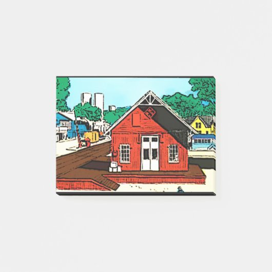 鉄道沿いの赤い倉庫小屋 ポストイット (正面)