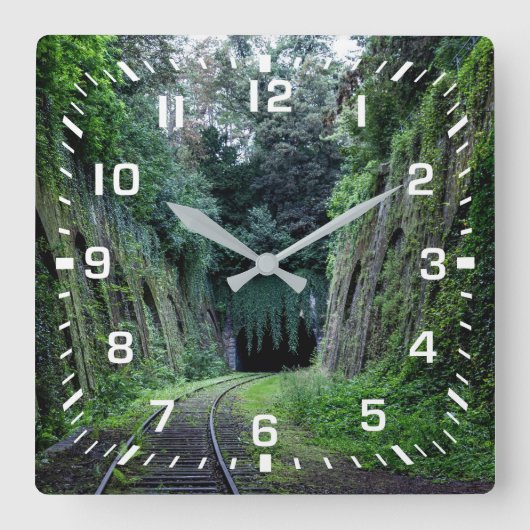 鉄道線路のある白い正方形の番号 スクエア壁時計 (正面)
