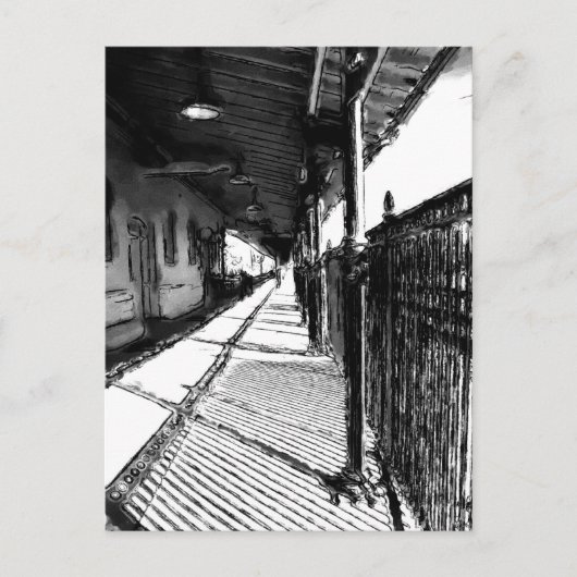 鉄道駅の黒と白のスケッチ ポストカード (正面)