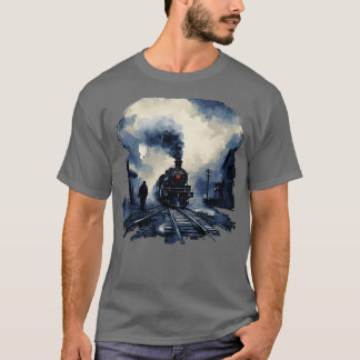 鉄道駅シーン蒸気機関車 Tシャツ