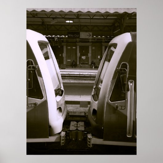 鉄道駅ホームでの2列車のクローズアップ ポスター (正面)