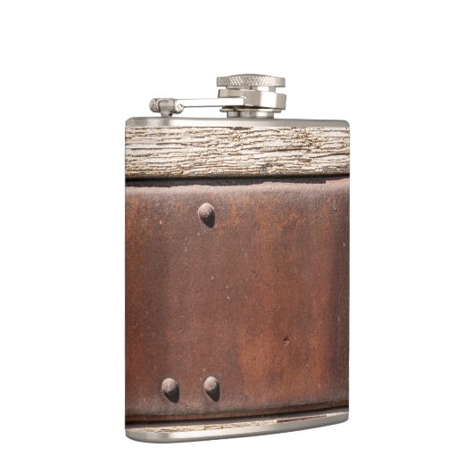 鉄、リベット、革と木のタフな茶色の外観 フラスク (右)
