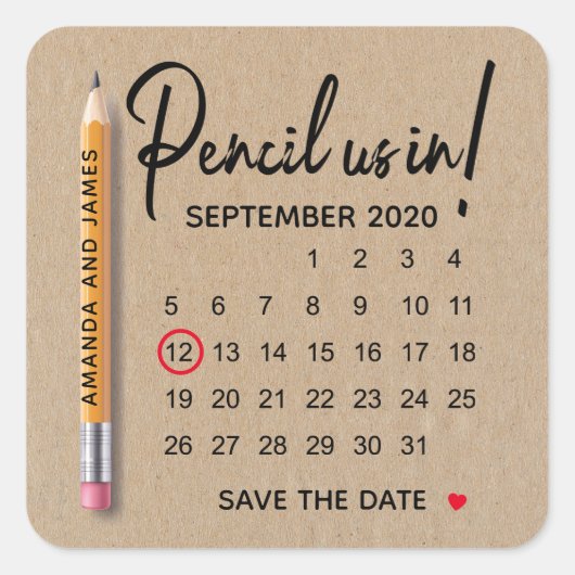 鉛筆で予定を書き込む カレンダー カードボード Save The Date スクエアシール (正面)