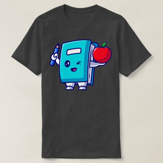 鉛筆とリンゴの漫画を持つかわいい本 Tシャツ (デザイン正面)