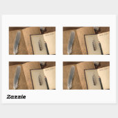 鉛筆と古い本、羽の蔵書票シール 長方形シール (シート)