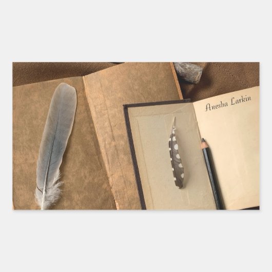 鉛筆と古い本、羽の蔵書票シール 長方形シール (正面)