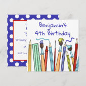 鉛筆と絵筆の誕生日招待状 (正面/裏面)