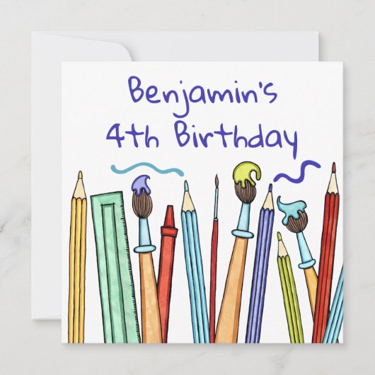 鉛筆と絵筆の誕生日招待状 (正面)