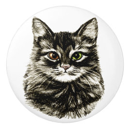 鉛筆のスケッチ猫の顔のキャビネットの引出しはノブを引っ張ります セラミックノブ