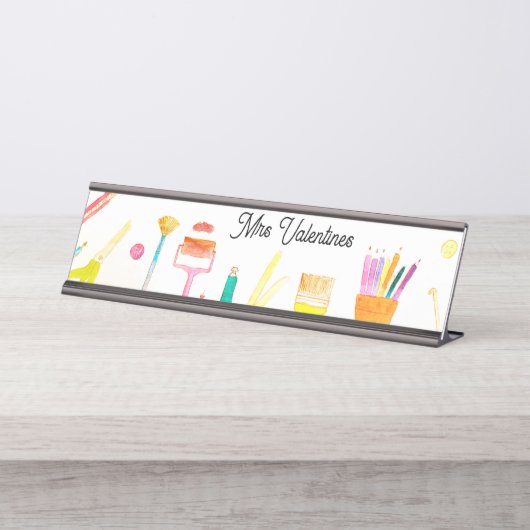鉛筆ウォーターカラー先生スクールかわいいモダン デスクネームプレート (正面)