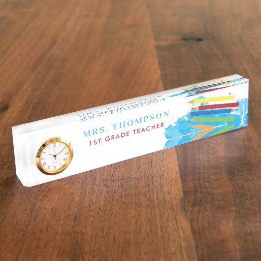鉛筆カラフルのパーソナライズされた先生 デスクネームプレート (側面)