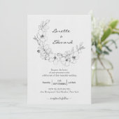 鉛筆スケッチフローラリース |ミニマル結婚リスト 招待状 (スタンド正面)