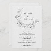 鉛筆スケッチフローラリース |ミニマル結婚リスト 招待状 (正面/裏面)