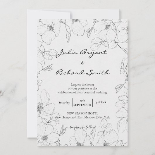 鉛筆スケッチフローラ | Peonyミニマル結婚リスト 招待状 (正面)
