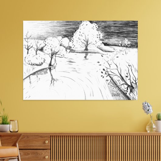 鉛筆スケッチリラックスの自然シーンの木の川 キャンバスプリント (インサイチュ (リビング))