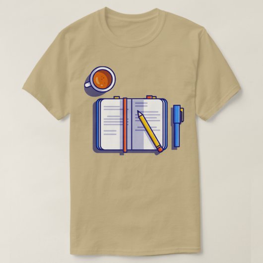 鉛筆付き本およびコーヒー Tシャツ (デザイン正面)